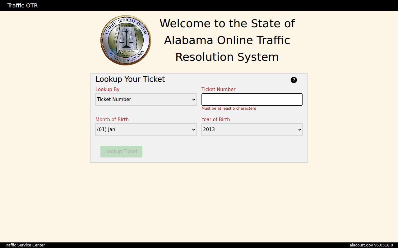 Alabama Online Traffic Resolution ticket lookup