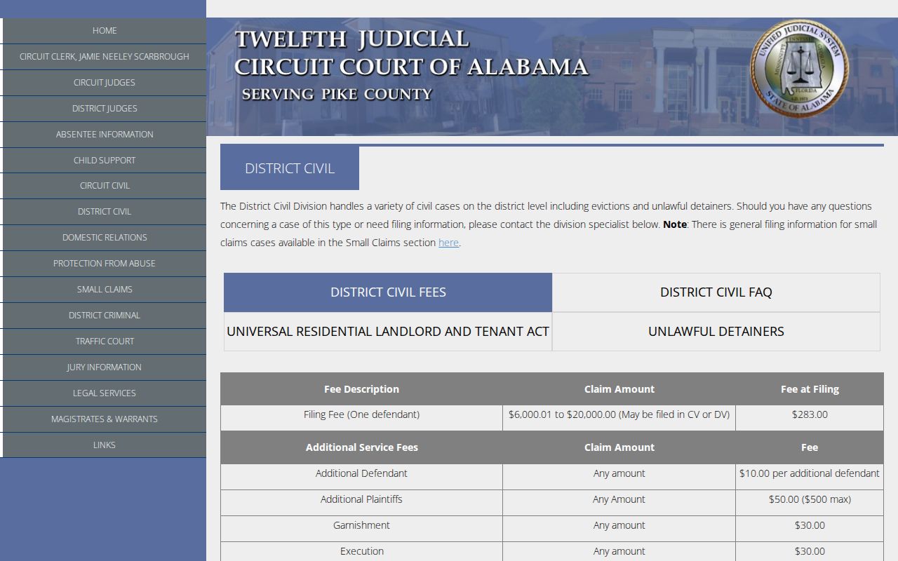 Pike County District Civil docket filing and forms page