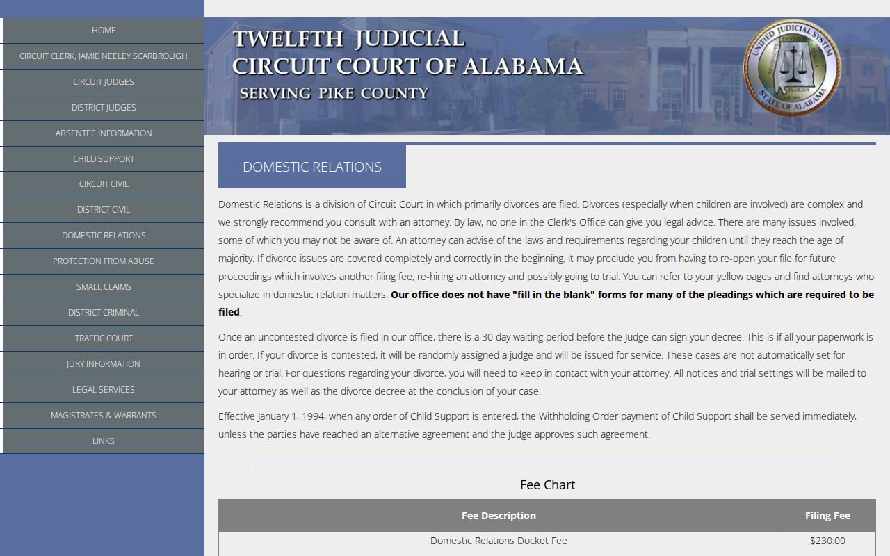 Pike County Domestic Relations civil docket setting information
