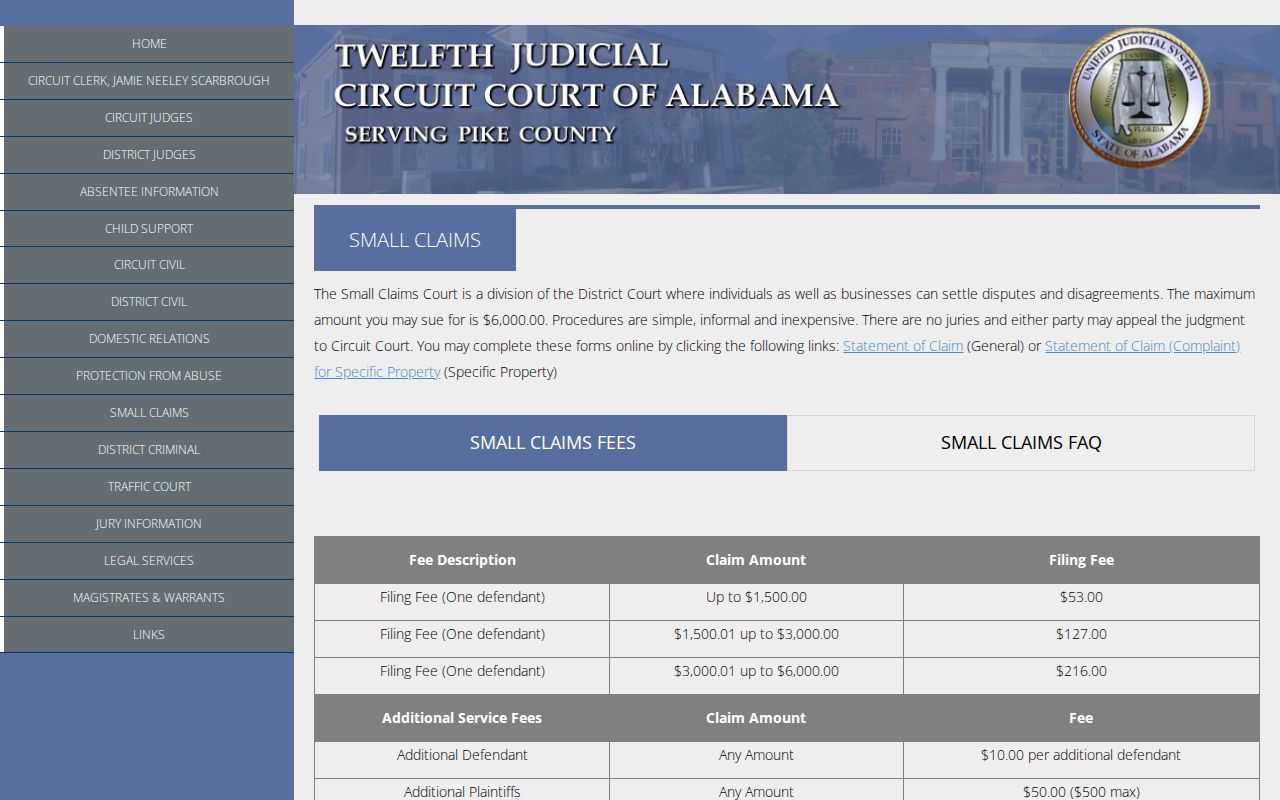 Pike County Small Claims civil docket rules and filing details