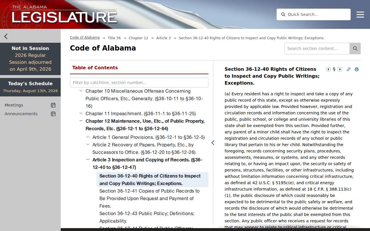 Alabama public records statute page